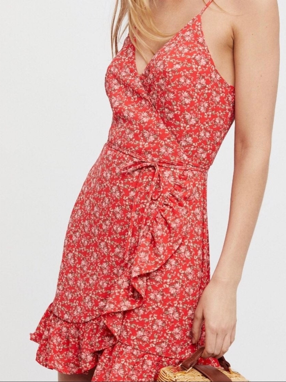 Free People All My Love Red Floral Wrap Slip Dress with Ruffle Hem Medium EUC